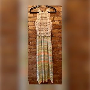 Anthropologie Kenji  Multicolor Maxi Halter Boho Dress with Crochet Top …
